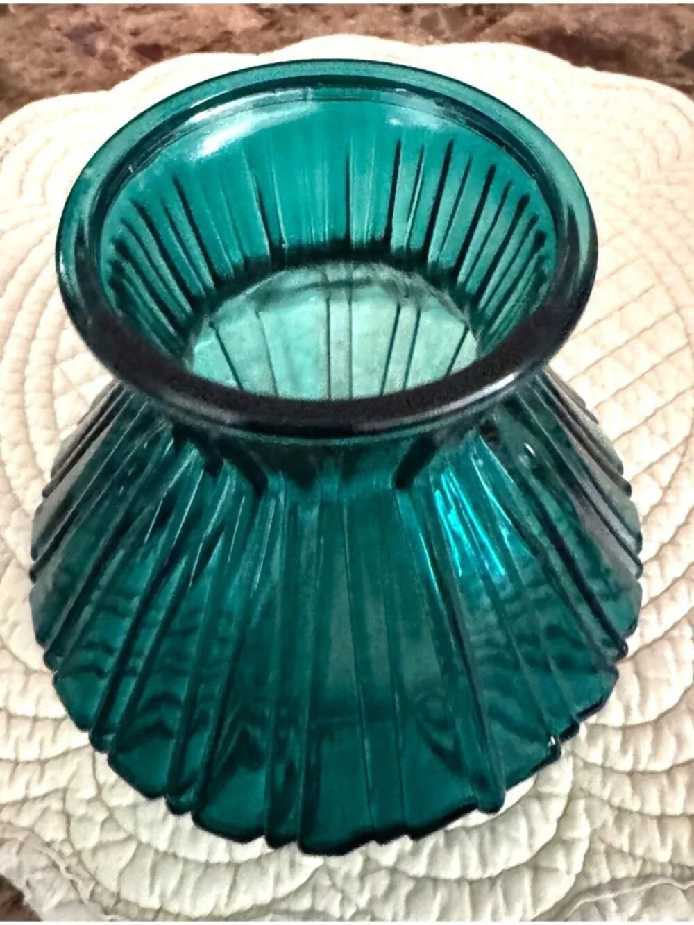 Teal Glass Fluted Vase With Wide Base & Narrow Opening Ribbed - Vintage